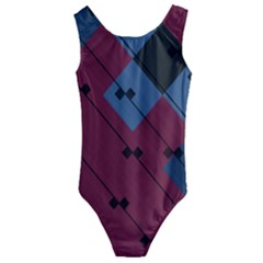 Burgundy Black Blue Abstract Check Pattern Kids  Cut-out Back One Piece Swimsuit by SpinnyChairDesigns