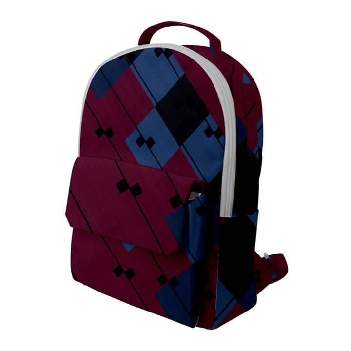 Burgundy Black Blue Abstract Check Pattern Flap Pocket Backpack (Large)