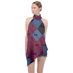 Burgundy Black Blue Abstract Check Pattern Halter Asymmetric Satin Top by SpinnyChairDesigns