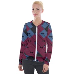 Burgundy Black Blue Abstract Check Pattern Velour Zip Up Jacket by SpinnyChairDesigns