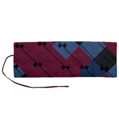 Burgundy Black Blue Abstract Check Pattern Roll Up Canvas Pencil Holder (m) by SpinnyChairDesigns