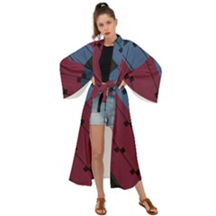 Burgundy Black Blue Abstract Check Pattern Maxi Kimono by SpinnyChairDesigns