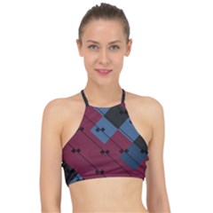 Burgundy Black Blue Abstract Check Pattern Racer Front Bikini Top by SpinnyChairDesigns