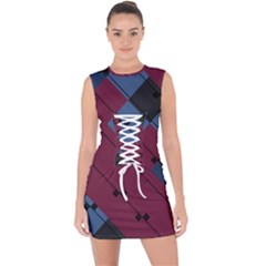 Burgundy Black Blue Abstract Check Pattern Lace Up Front Bodycon Dress by SpinnyChairDesigns