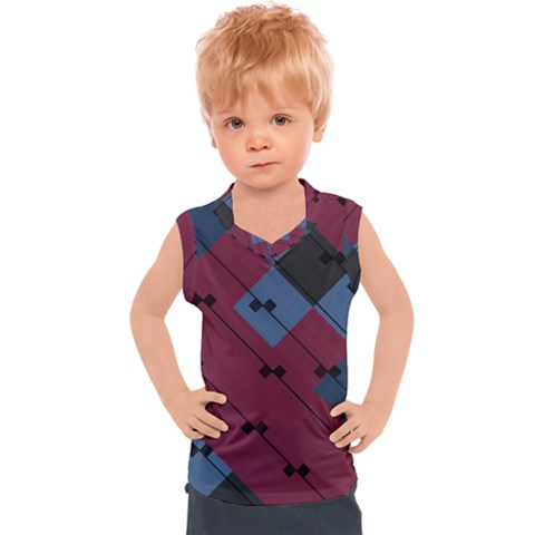 Burgundy Black Blue Abstract Check Pattern Kids  Sport Tank Top by SpinnyChairDesigns