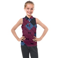 Burgundy Black Blue Abstract Check Pattern Kids  Sleeveless Polo Tee