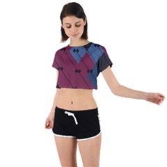 Burgundy Black Blue Abstract Check Pattern Tie Back Short Sleeve Crop Tee