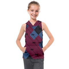 Burgundy Black Blue Abstract Check Pattern Kids  Sleeveless Hoodie by SpinnyChairDesigns