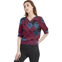 Burgundy Black Blue Abstract Check Pattern Quarter Sleeve Blouse