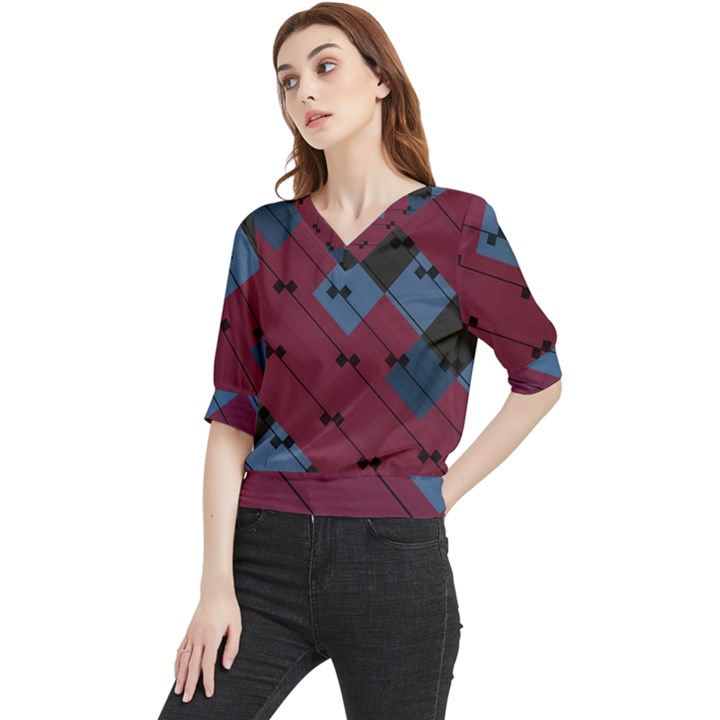 Burgundy Black Blue Abstract Check Pattern Quarter Sleeve Blouse