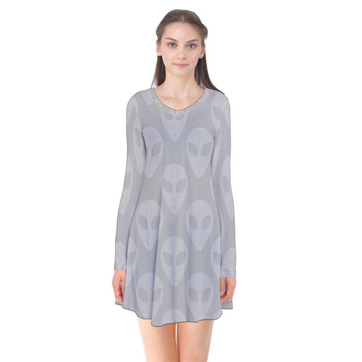 Grey Aliens UFO Long Sleeve V-neck Flare Dress