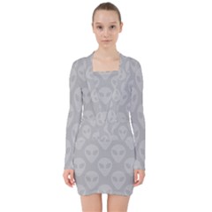 Grey Aliens Ufo V-neck Bodycon Long Sleeve Dress by SpinnyChairDesigns