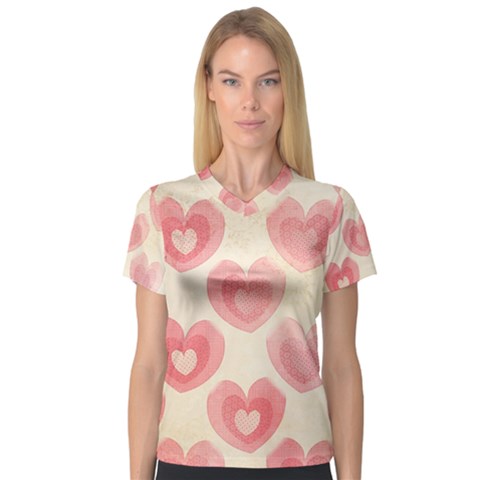 Pink Faded Hearts V-neck Sport Mesh Tee by SpinnyChairDesigns