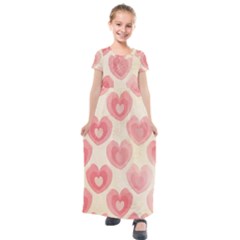 Pink Faded Hearts Kids  Short Sleeve Maxi Dress by SpinnyChairDesigns