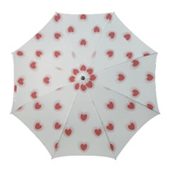 Red Polka Dot Hearts On White Golf Umbrellas by SpinnyChairDesigns