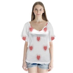 Red Polka Dot Hearts On White V-neck Flutter Sleeve Top by SpinnyChairDesigns