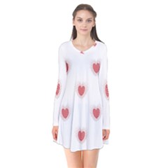 Red Polka Dot Hearts On White Long Sleeve V-neck Flare Dress by SpinnyChairDesigns