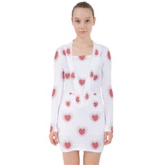 Red Polka Dot Hearts On White V-neck Bodycon Long Sleeve Dress by SpinnyChairDesigns