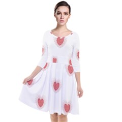 Red Polka Dot Hearts On White Quarter Sleeve Waist Band Dress by SpinnyChairDesigns