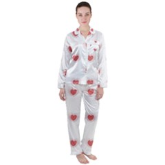 Red Polka Dot Hearts On White Satin Long Sleeve Pyjamas Set by SpinnyChairDesigns