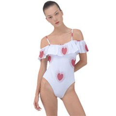 Red Polka Dot Hearts On White Frill Detail One Piece Swimsuit by SpinnyChairDesigns