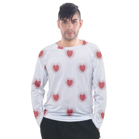 Red Polka Dot Hearts On White Men s Long Sleeve Raglan Tee by SpinnyChairDesigns