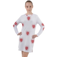 Red Polka Dot Hearts On White Long Sleeve Hoodie Dress by SpinnyChairDesigns