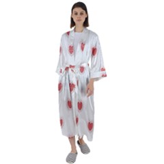 Red Polka Dot Hearts On White Maxi Satin Kimono