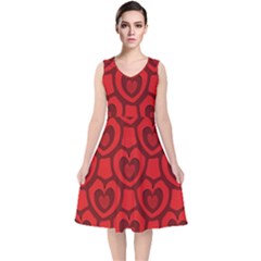 Dark Red Heart Pattern V-neck Midi Sleeveless Dress  by SpinnyChairDesigns