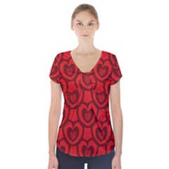 Dark Red Heart Pattern Short Sleeve Front Detail Top by SpinnyChairDesigns