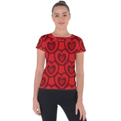 Dark Red Heart Pattern Short Sleeve Sports Top  by SpinnyChairDesigns