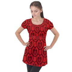 Dark Red Heart Pattern Puff Sleeve Tunic Top by SpinnyChairDesigns