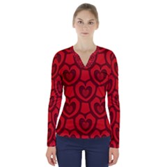 Dark Red Heart Pattern V-neck Long Sleeve Top by SpinnyChairDesigns