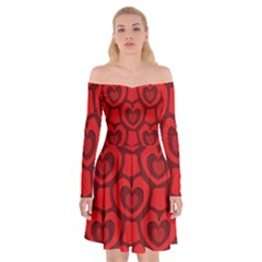 Dark Red Heart Pattern Off Shoulder Skater Dress by SpinnyChairDesigns