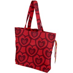 Dark Red Heart Pattern Drawstring Tote Bag by SpinnyChairDesigns