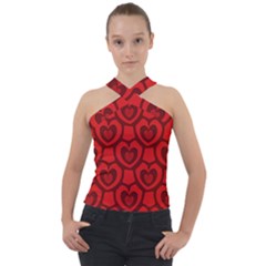 Dark Red Heart Pattern Cross Neck Velour Top by SpinnyChairDesigns