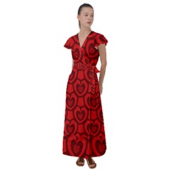 Dark Red Heart Pattern Flutter Sleeve Maxi Dress by SpinnyChairDesigns