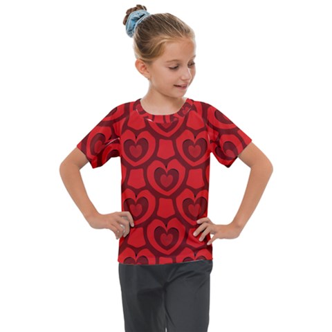 Dark Red Heart Pattern Kids  Mesh Piece Tee by SpinnyChairDesigns