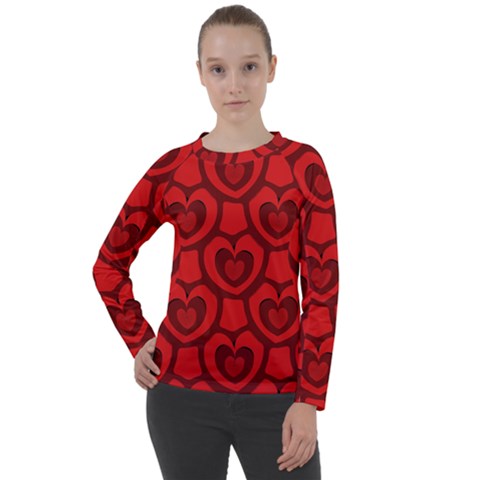 Dark Red Heart Pattern Women s Long Sleeve Raglan Tee by SpinnyChairDesigns