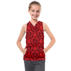 Dark Red Heart Pattern Kids  Sleeveless Hoodie by SpinnyChairDesigns