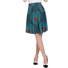 Teal And Red Hearts A-line Skirt by SpinnyChairDesigns