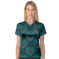 Teal And Red Hearts V-neck Sport Mesh Tee