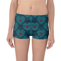 Teal And Red Hearts Boyleg Bikini Bottoms by SpinnyChairDesigns