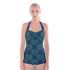 Teal And Red Hearts Boyleg Halter Swimsuit  by SpinnyChairDesigns