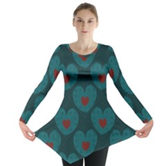 Teal And Red Hearts Long Sleeve Tunic  by SpinnyChairDesigns