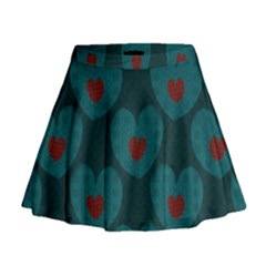 Teal And Red Hearts Mini Flare Skirt by SpinnyChairDesigns