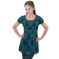 Teal And Red Hearts Puff Sleeve Tunic Top by SpinnyChairDesigns