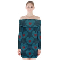 Teal And Red Hearts Long Sleeve Off Shoulder Dress by SpinnyChairDesigns