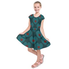 Teal And Red Hearts Kids  Short Sleeve Dress by SpinnyChairDesigns