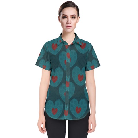 Teal And Red Hearts Women s Short Sleeve Shirt by SpinnyChairDesigns